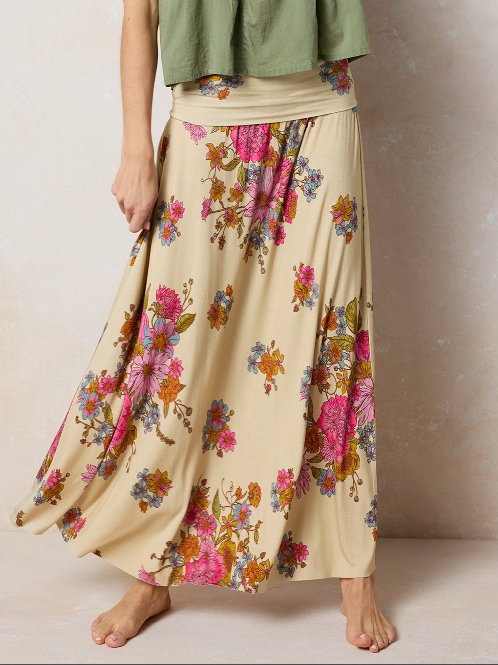 Floral Maxi Skirt in Beige with Pink Bouquet Print